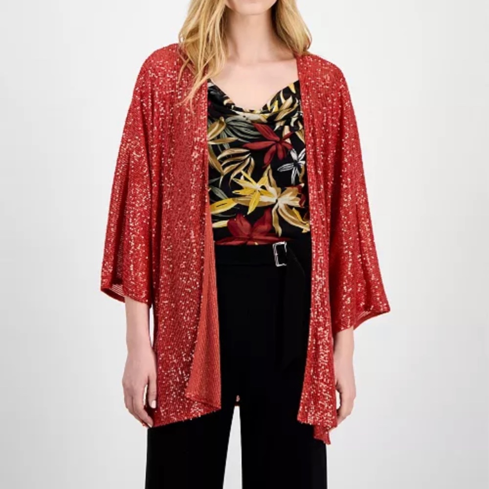 NWT Anne Klein Red Sequin Kimono Cardigan Open Front Valentine’s Day Glam XXS